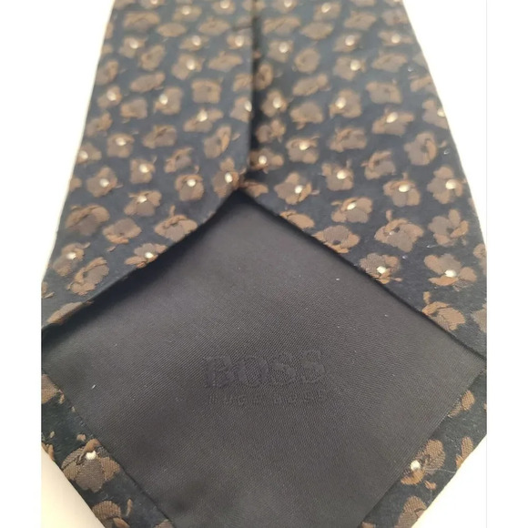 HUGO BOSS Men's 100% Silk 58" Neck Tie in Black with Brown Flowers - Picture 5 of 6